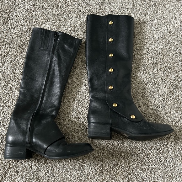 Michael Kors Black Leather Knee High Boots with Gold Buttons and Zipper Size 8 - Picture 4 of 11
